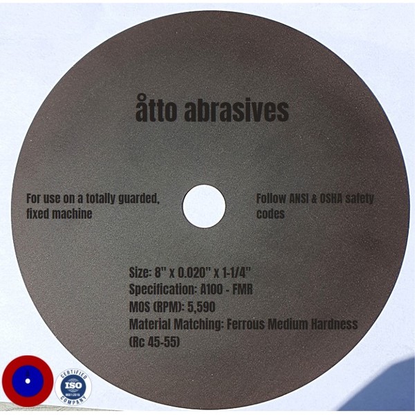 Atto Abrasives Ultra-Thin Sectioning Wheels 8"x0.020"x1-1/4" Ferrous Medium Hard 3W200-050-SM